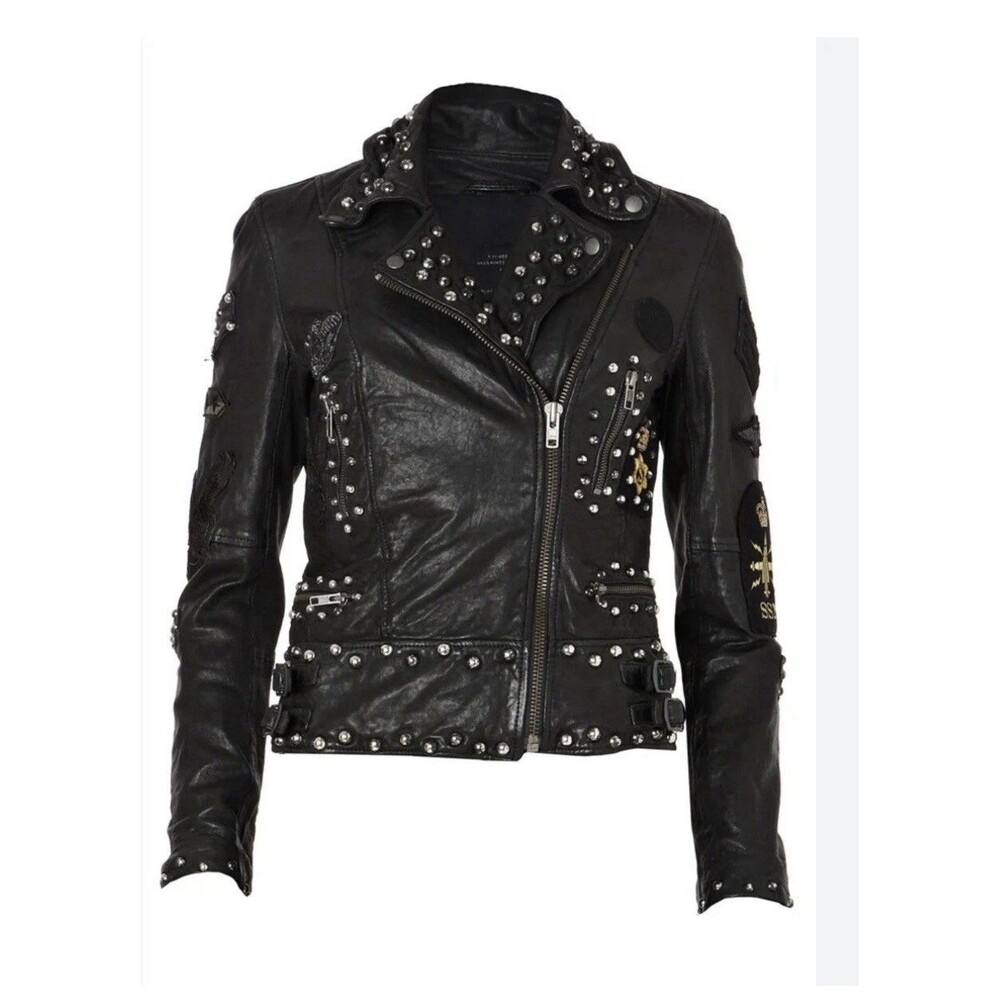 VTG AllSaints Harris Studs & Patched Military Punk Biker Leather Jacket UK10 US6